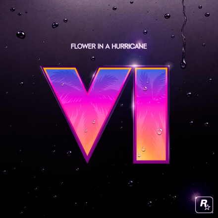 Pochette officielle du single : le logo VI aux couleurs du coucher de soleil, sous la pluie, avec le titre Flower in a Hurricane.